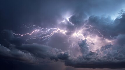 Obraz premium Bright flashes of lightning crack through dark clouds, lighting up the night sky in a rural area during a powerful summer thunderstorm. The atmosphere is charged with energy.