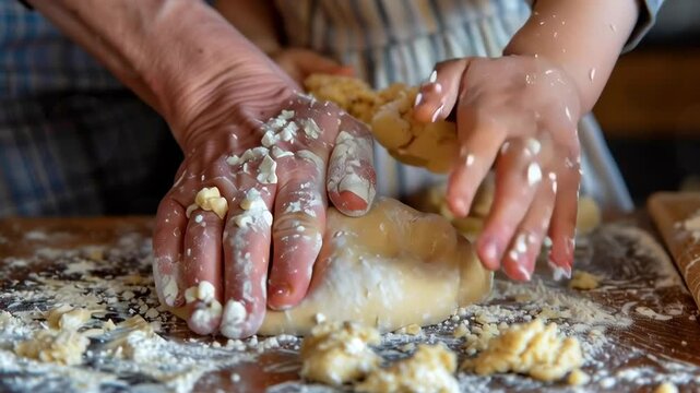 A woman and a child are making dough together. The dough is on a wooden table and the woman is using her hands to shape it. The child is holding a piece of dough in his hand. The scene is warm