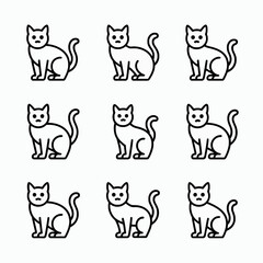 Nine simple outline drawings of cats sitting isolated on white background