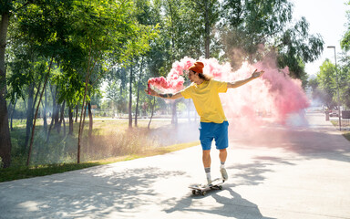 skaters with colored smoke bombs
