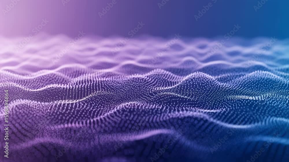 Poster futuristic science and technology theme featuring smooth particle waves in soft purple and deep blue
