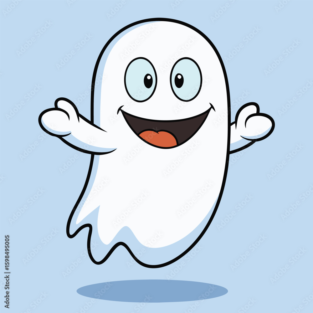 Poster a comical cartoon ghost character design a lighthearted illustration of a spectral figure floating w