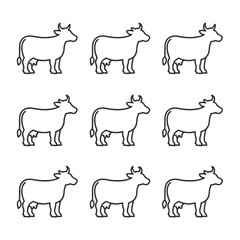 Fototapeta premium Nine hand drawn cows in a grid isolated on white background