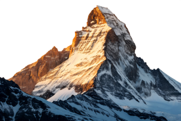 Iconic matterhorn mountain peak illuminated by golden sunrise isolated on transparent background