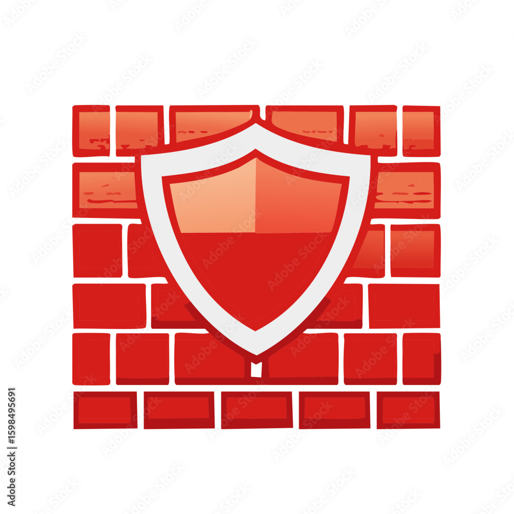 Poster firewall security shield icon: red brick wall protecting system network data with safeguard