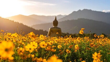 Buddha statue in a field of flowers