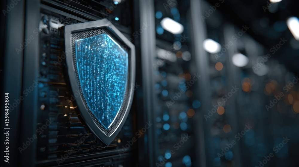 Poster servers lined up in a data center highlight a digital shield representing cybersecurity. the blue li