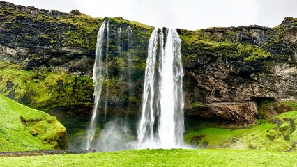 A waterfall in a grassy area