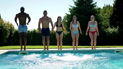 Friends Jumping in Pool - Summer Fun!