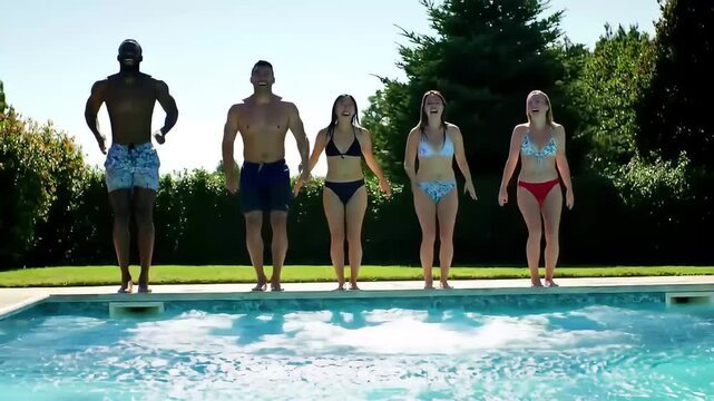 Friends Jumping in Pool - Summer Fun!
