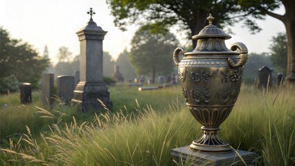 Gravestone memorial marker rests amid field of grass, gravestone memorial marker shines with remembrance. Old gravestone memorial marker reflects somber tribute, memory of someone that passed away.