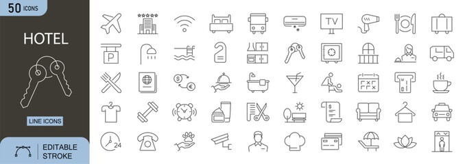 Hotel icons set. Includes icons for room service, reservation, check-in, hospitality, luggage, concierge, bed, amenities, and accommodation. Line icons. Perfect for infographics.