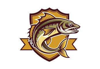 Obraz premium Vintage style pike fish emblem t-shirt vector design jumping fish in wave clipart elements