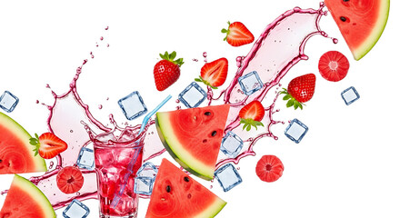 Isolated fruit composition with watermelon, strawberries, juice splashes, and ice cubes on transparent background