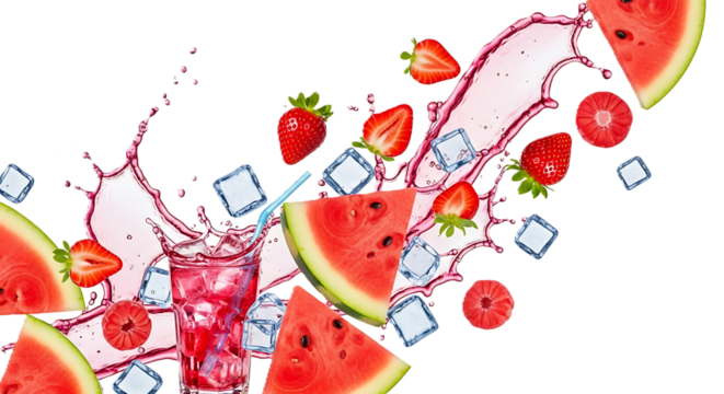Isolated fruit composition with watermelon, strawberries, juice splashes, and ice cubes on transparent background