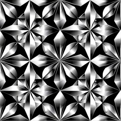 A seamless geometric pattern of metallic, faceted starbursts in shades of silver, white, and black, creating a futuristic and three-dimensional abstract design.