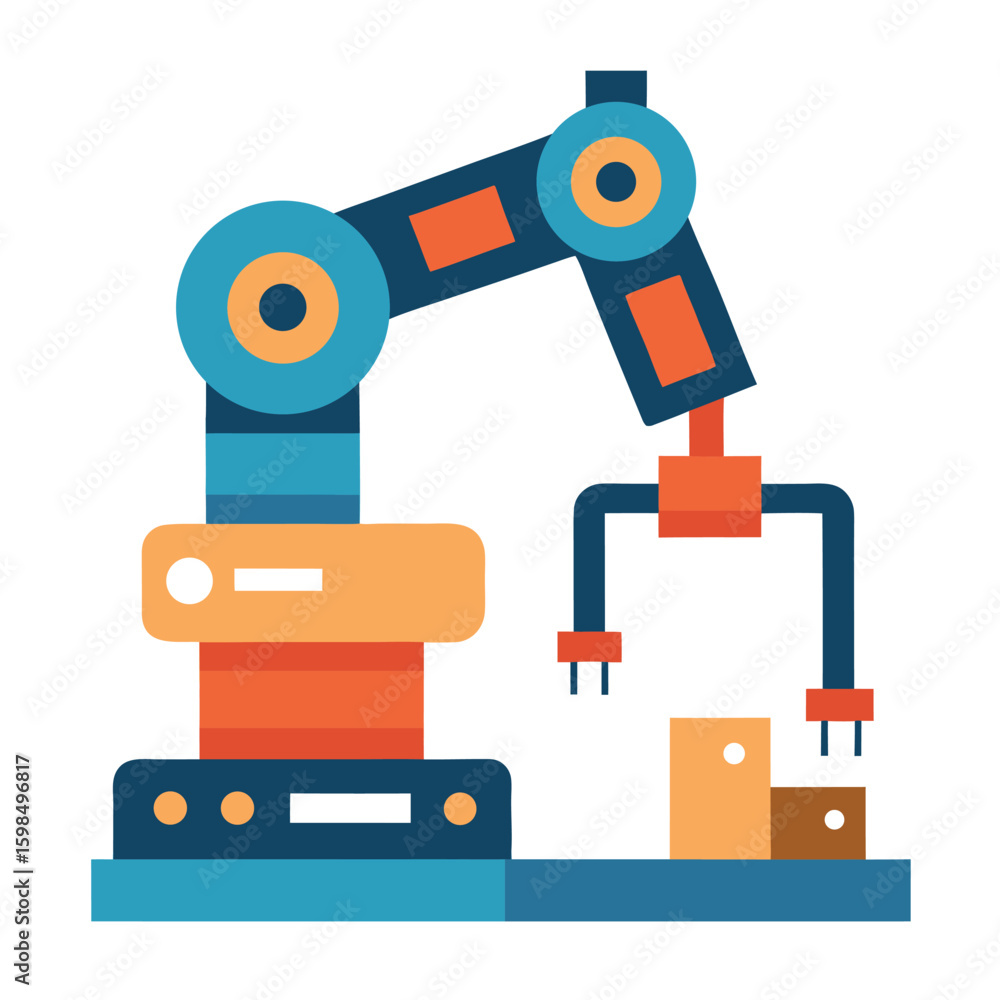 Poster robotic arm assembling electronics on a production line isolated on white background
