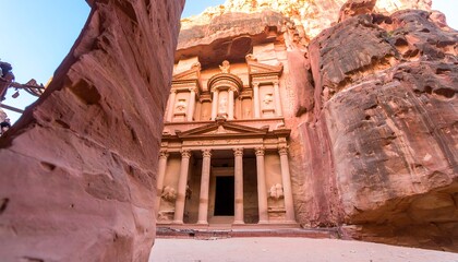 Ancient sandstone facade nestled in a rocky landscape