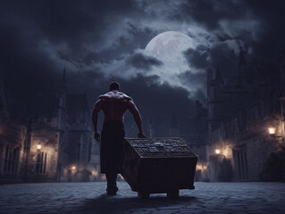 Mysterious night scene muscular figure carries ornate chest under moonlight, evoking themes of strength, burdens, secrets, and fantasy. Ideal for book covers or articles.