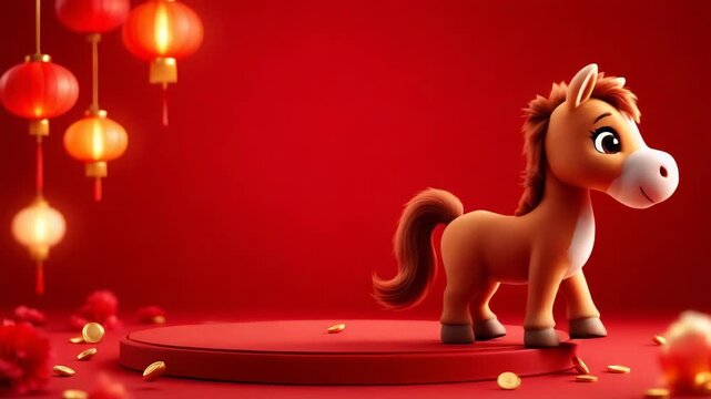 Animated pony celebrating festive chinese new year on glowing red stage with lanterns.