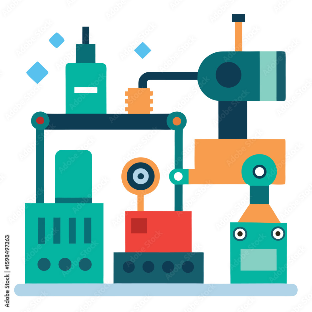 Poster smart factory with robots and automated conveyor belt isolated on white background