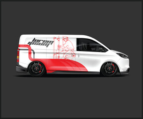 Modern White Van with Plumbing Design and Red Accents on Dark Background
