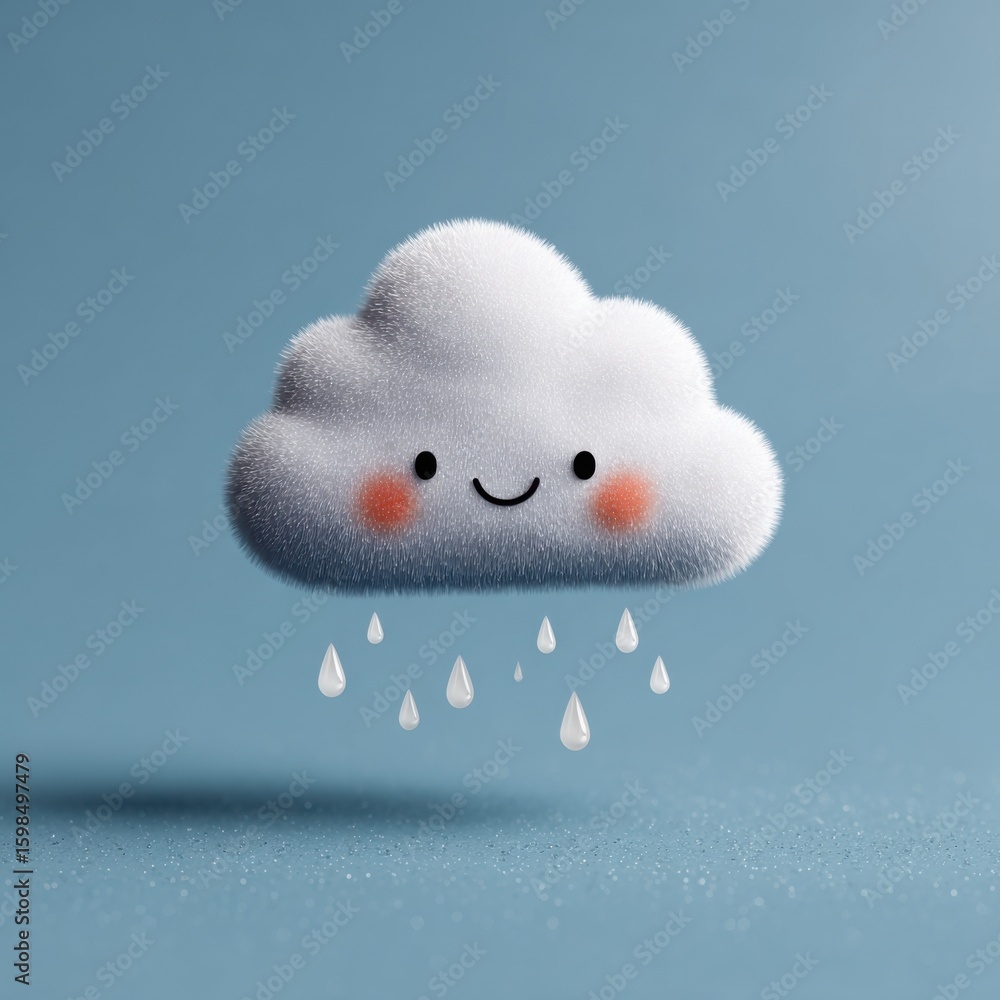 Poster a cheerful cloud floats in the air, showcasing a smiling face with rosy cheeks. raindrops gently fal