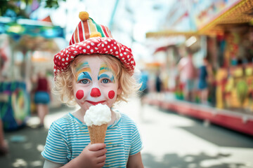 Naklejka premium Child enjoying ice cream at funfair