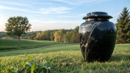 Obraz premium Black urn in nature, a memorial to lost loved ones. An elegant black urn stands solemnly on a lush green lawn, representing remembrance and respect, with the urn in nature setting providing solace.