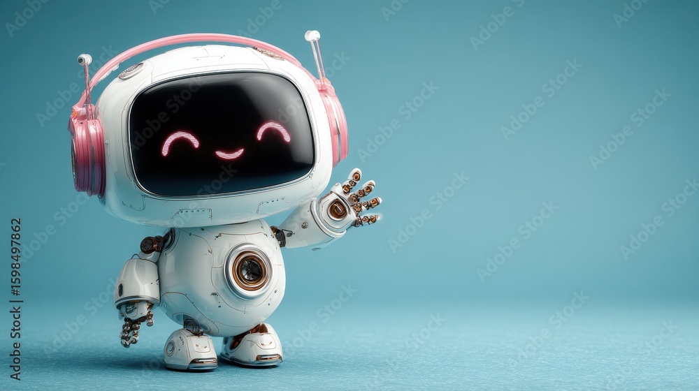 Poster adorable robot with a waving smile. perfect for artificial intelligence concepts, robot games, and t