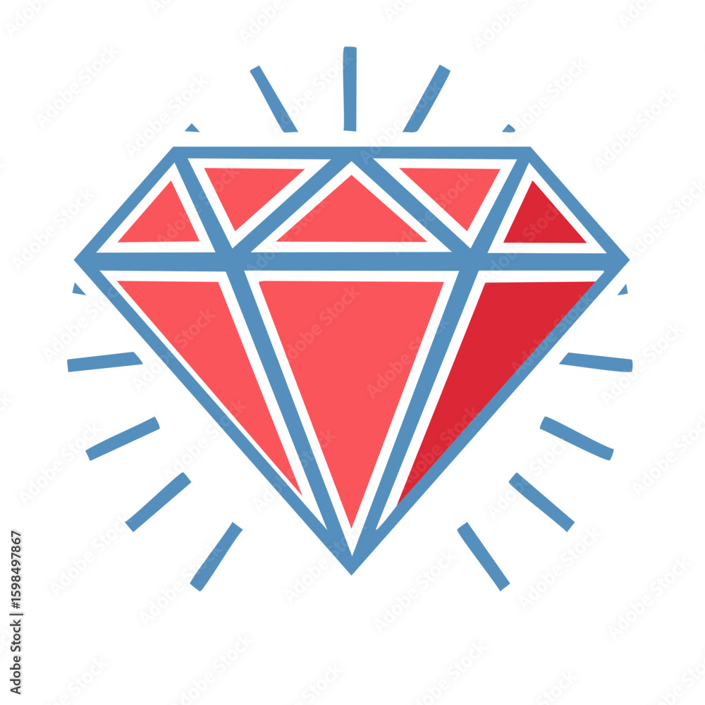 Poster red diamond facets and edges outline with light rays