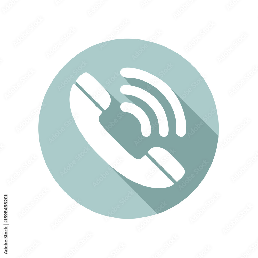 Poster white handset and sound waves in a light green circle. minimalist vector icon with long shadow. comm