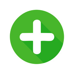 Obraz premium Green Round Plus Sign Icon with Shadow Effect, Addition and Positive Symbol, Flat Design