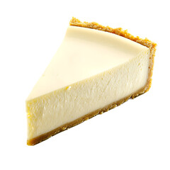 A slice of creamy cheesecake with a golden graham cracker crust