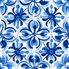 Hand-Painted Blue and White Floral Motif Pattern on a White Background