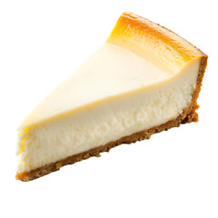 A slice of creamy cheesecake with a golden-brown crust and smooth texture.