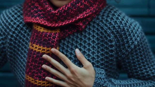 A woman with a scarf on her neck is holding up her hand to stop something. Concept of urgency and determination, as the woman is actively trying to prevent an action or event from happening