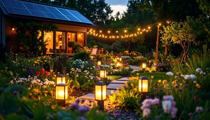 Evening garden with patio lights
