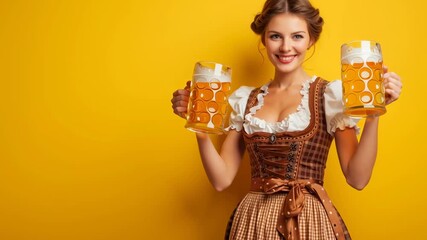 A woman is holding two beer mugs and smiling. The image has a cheerful and lighthearted mood