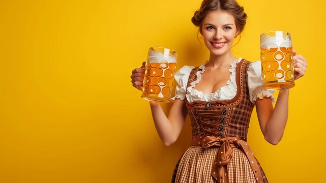 A woman is holding two beer mugs and smiling. The image has a cheerful and lighthearted mood