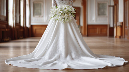 Fototapeta premium Elegant bride in white gown with lace details holding a lily bouquet, poised in a grand hall. Symbolizes love, purity, and commitment. Ideal for wedding related content.