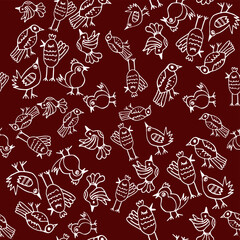 Seamless hand-drawn white bird pattern on a deep maroon background. Elegant and striking—ideal for ethnic textiles, bold nursery designs, and sophisticated decorative projects.