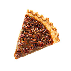 A slice of pecan pie with a golden crust and rich, nut-filled filling.