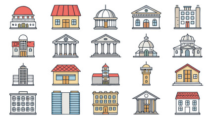 Government, Bank & Public Building Vector Icon Set - Outlined Architecture
