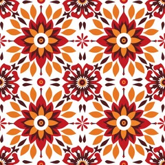 Bright lively seamless pattern large stylized red-orange floral motifs on white background.