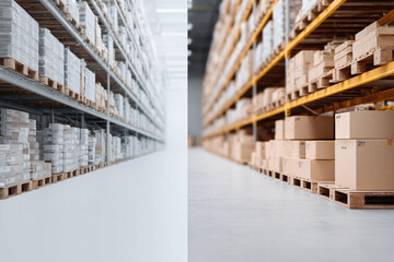 Warehouse interior featuring neat storage on pallets, symbolizing efficiency and supply chain operations. Ideal for logistics, business, and distribution concepts.