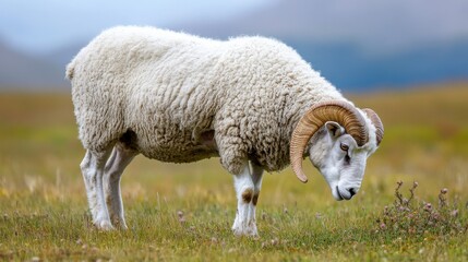 Obraz premium White sheep with large horns grazing in a grassy field.