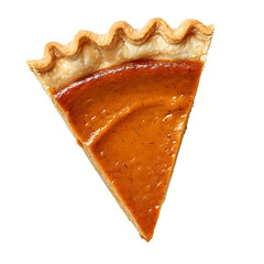 A slice of pumpkin pie with a flaky crust and smooth filling, isolated on a white background.