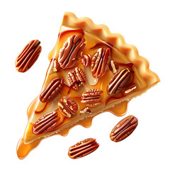 Slice of Pecan Pie with Caramel Topping and Loose Nuts