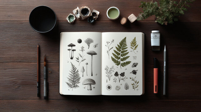 Botanical sketchbook flat lay on wood. Art, nature, inspiration. Visual storytelling for design, education, creative projects nature blogs. - Powered by Adobe